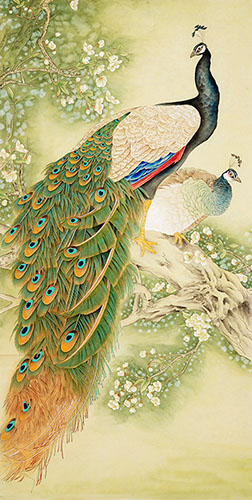 Chinese Peacock Peahen Painting hfg21144015, 136cm x 68cm(54〃 x 27〃)
