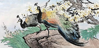 Chinese Peacock Peahen Painting,68cm x 136cm,ll21187005-x