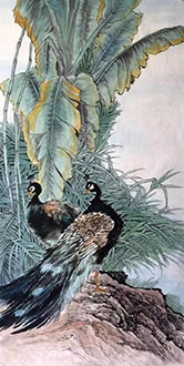 Chinese Peacock Peahen Painting,68cm x 136cm,ll21187006-x
