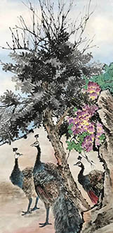 Chinese Peacock Peahen Painting,68cm x 136cm,ll21187007-x