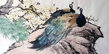 Chinese Peacock Peahen Painting,68cm x 136cm,ll21187010-x