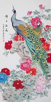 Chinese Peacock Peahen Painting,136cm x 68cm,lzg21186005-x