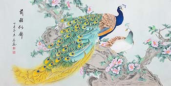 Chinese Peacock Peahen Painting,136cm x 68cm,lzg21186006-x