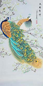 Chinese Peacock Peahen Painting,136cm x 68cm,lzg21186007-x