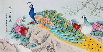 Chinese Peacock Peahen Painting,136cm x 68cm,lzg21186009-x