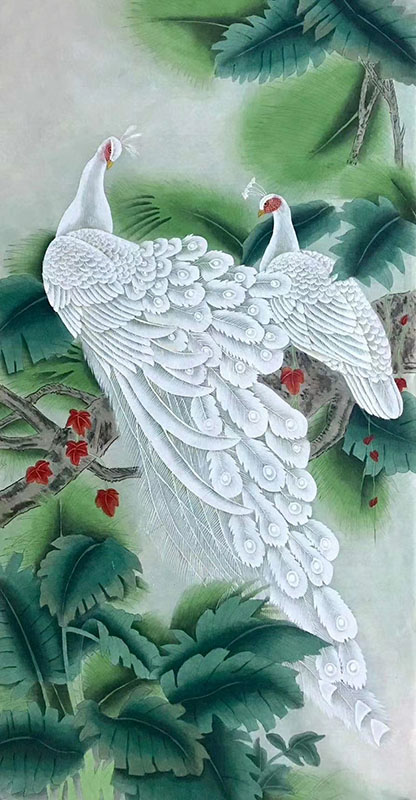 Chinese Peacock Peahen Painting lzx21188001, 68cm x 136cm(27〃 x 54〃)