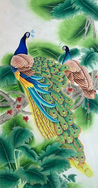 Chinese Peacock Peahen Painting lzx21188002, 68cm x 136cm(27〃 x 54〃)