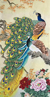 Chinese Peacock Peahen Painting,68cm x 136cm,lzx21188003-x