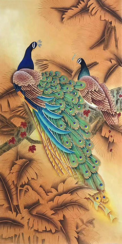 Chinese Peacock Peahen Painting lzx21188004, 68cm x 136cm(27〃 x 54〃)