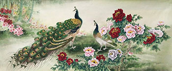 Chinese Peacock Peahen Painting,70cm x 180cm,lzx21188005-x