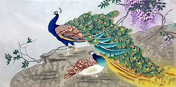 Chinese Peacock Peahen Painting,68cm x 136cm,lzx21188008-x