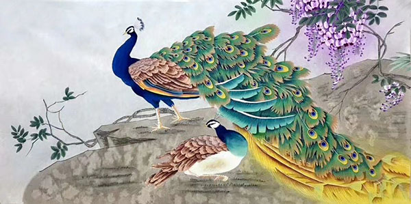 Chinese Peacock Peahen Painting lzx21188008, 68cm x 136cm(27〃 x 54〃)