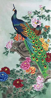 Chinese Peacock Peahen Painting,68cm x 136cm,lzx21188009-x