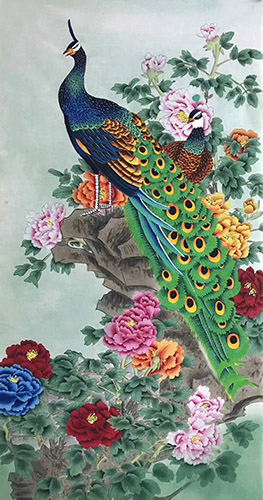 Chinese Peacock Peahen Painting lzx21188009, 68cm x 136cm(27〃 x 54〃)