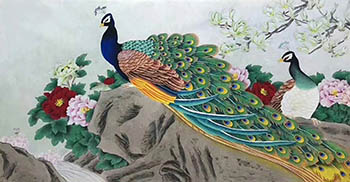 Chinese Peacock Peahen Painting,68cm x 136cm,lzx21188010-x