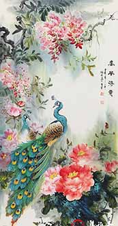 Chinese Peacock Peahen Painting,68cm x 136cm,zl21185002-x