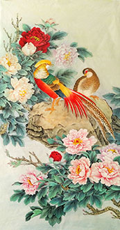 Chinese Pheasant Painting,68cm x 136cm,nx21170015-x