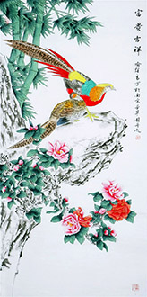 Chinese Pheasant Painting,68cm x 136cm,nx21170021-x