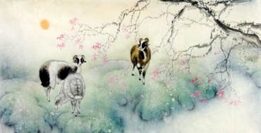 Chinese Sheep Painting,69cm x 138cm,4450010-x