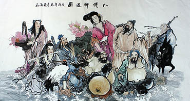 Old Chinese Silk paper Painting Eight Immortals Ancient Scroll Painting 