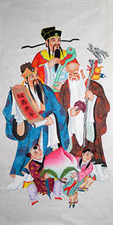 Chinese The Five Gods of Fortune Painting,68cm x 136cm,3449017-x