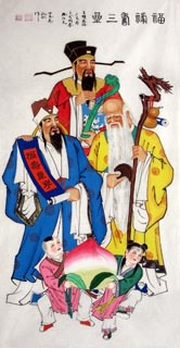 Chinese The Five Gods of Fortune Painting,66cm x 136cm,3519038-x