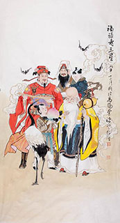 Chinese The Five Gods of Fortune Painting,69cm x 138cm,3729006-x