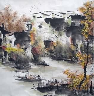 Chinese Water Township Painting,45cm x 45cm,1195007-x