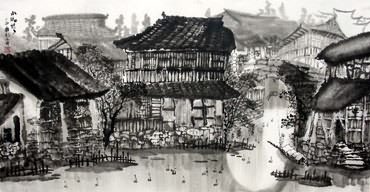 Chinese Water Township Painting,66cm x 136cm,1204008-x