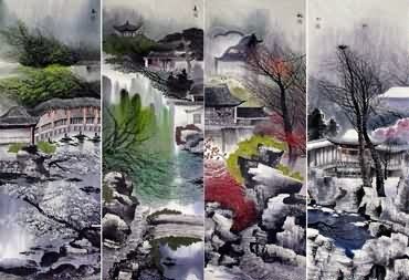 Chinese Water Township Painting,49cm x 138cm,1475012-x