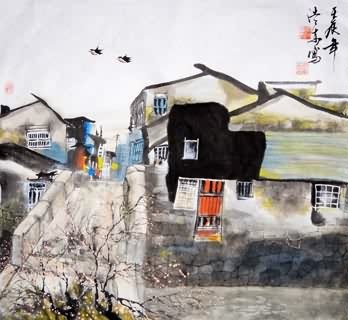 Chinese Water Township Painting,50cm x 50cm,1495002-x
