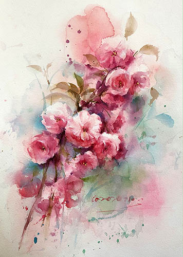 Flowers & Bird Watercolor Painting,25cm x 35cm(9.8〃 x 13.7〃),cyy72107009-z