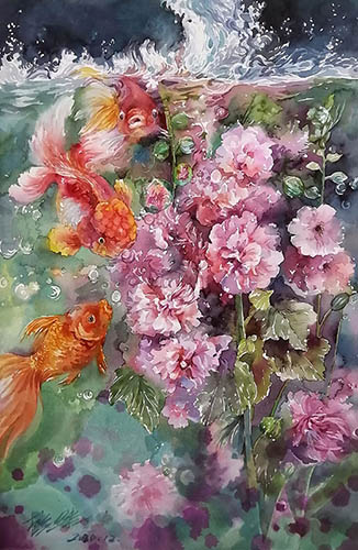 Flowers & Bird Watercolor Painting,36cm x 52cm(14〃 x 20〃),fbj72108002-z