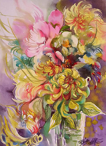 Flowers & Bird Watercolor Painting,36cm x 52cm(14〃 x 20〃),fbj72108003-z