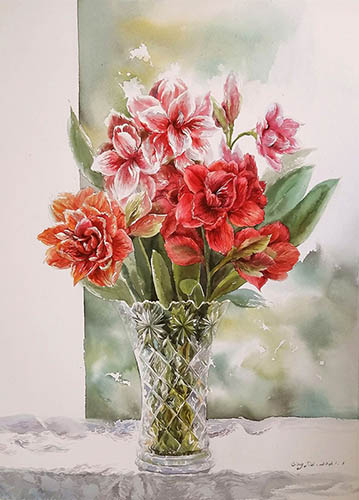 Flowers & Bird Watercolor Painting,53cm x 75cm(21〃 x 29〃),fbj72108005-z