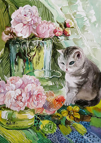 Flowers & Bird Watercolor Painting,36cm x 52cm(14〃 x 20〃),fbj72108007-z