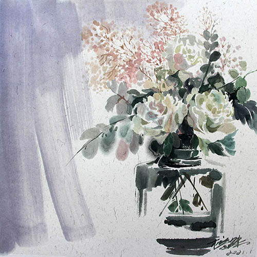 Flowers & Bird Watercolor Painting,38cm x 38cm(15〃 x 15〃),fbj72108008-z