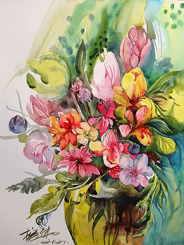 Flowers & Bird Watercolor Painting,30cm x 40cm(12〃 x 16〃),fbj72108009-z