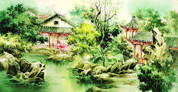 Scenery Watercolor Painting,55cm x 108cm(22〃 x 42〃),zmk71207009-z