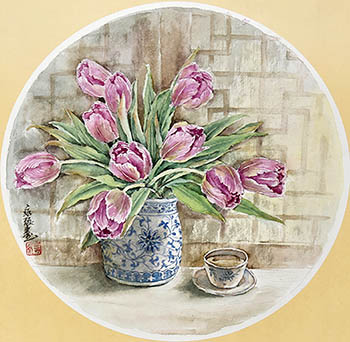 Flowers & Bird Watercolor Painting,38cm x 38cm,zyz72110002-x