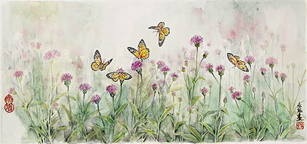 Flowers & Bird Watercolor Painting,27cm x 60cm(10.6〃 x 23.6〃),zyz72110019-z